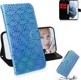 Voor Samsung Galaxy S21 FE effen kleur kleurrijke magnetische gesp horizontale flip PU lederen tas met houder & kaartsleuven & portemonnee & lanyard (hemelsblauw)