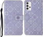 Voor Samsung Galaxy A32 5G etnische stijl reliëf patroon horizontale flip lederen tas met houder & kaartsleuven & portemonnee & lanyard (paars)
