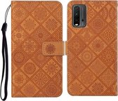 Voor Xiaomi Redmi 9T Etnische Stijl Reliëfpatroon Horizontale Flip Leren Case met Houder & Kaartsleuven & Portemonnee & Lanyard (Bruin)