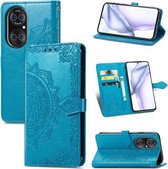 Halverwege Mandala-reliëfpatroon Horizontaal lederen flip-hoesje met houder & kaartsleuven & portemonnee & draagkoord voor Huawei P50 Pro (blauw)