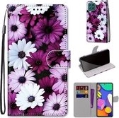 Voor Samsung Galaxy F62 / M62 Gekleurde tekening Cross Texture Horizontale Flip PU lederen tas met houder & kaartsleuven & portemonnee & lanyard (Chrysanthemum Pink White Purple)