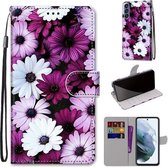 Voor Samsung Galaxy S21 FE Gekleurde tekening Cross Texture Horizontale Flip PU lederen tas met houder & kaartsleuven & portemonnee & lanyard (Chrysanthemum Pink White Purple)