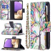 Voor Samsung Galaxy A32 4G Gekleurde Tekening Patroon Rits Horizontale Flip Lederen Case met Houder & Kaartsleuven & Portemonnee (Boom)