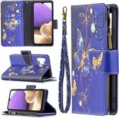 Voor Samsung Galaxy A32 4G Gekleurde Tekening Patroon Rits Horizontale Flip Leren Case met Houder & Kaartsleuven & Portemonnee (Paarse Vlinder)