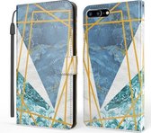 Marmeren horizontale flip TPU + PU lederen tas met houder & kaartsleuven & portemonnee & lanyard voor iPhone 8 Plus & 7 Plus (blauw wit)