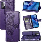 Voor Xiaomi Redmi Note10 5G Vlinder Liefde Bloemen Reliëf Horizontale Flip Leren Case met Houder & Kaartsleuven & Portemonnee & Lanyard (Donkerpaars)