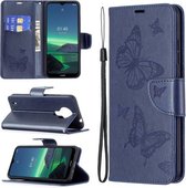 Voor Nokia 1.4 Embossing Two Butterflies Pattern Horizontale Flip PU Leather Case met houder & kaartsleuf & portemonnee & Lanyard (donkerblauw)