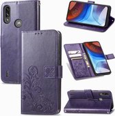 Voor Motorola E7 Power vierbladige gesp reliëf gesp mobiele telefoon bescherming lederen tas met lanyard & kaartsleuf & portemonnee & beugel functie (paars)