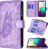 Voor Samsung Galaxy A02 Flying Butterfly Embossing Pattern Rits Horizontale Flip Leather Case met houder & kaartsleuven & portemonnee (paars)