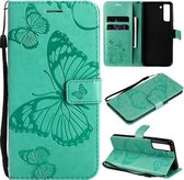 Voor Samsung Galaxy S21 FE Geperst afdrukken Vlinderpatroon Horizontale flip PU lederen tas met houder & kaartsleuven & portemonnee & lanyard (groen)