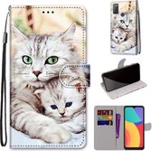 Voor Alcatel 3L 2021 Gekleurde Tekening Cross Textuur Horizontale Flip PU Lederen Case met Houder & Kaartsleuven & Portemonnee & Lanyard (Big Cat Holding Kitten)