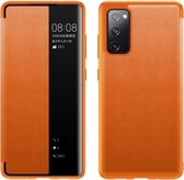 Voor Samsung Galaxy A02s 166,5 mm magnetisch zijvensterweergave schokbestendig horizontaal flip lederen hoesje (oranje)