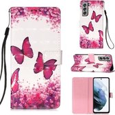 Voor Samsung Samsung Galaxy S21 FE 3D Schilderen Horizontale Flip Leren Case met Houder & Kaartsleuf & Portemonnee & Lanyard (Rose Red Butterfly)