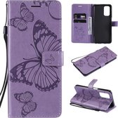 Voor OPPO A93 5G / A74 5G Geperst afdrukken Vlinderpatroon Horizontale flip PU lederen tas met houder & kaartsleuven & portemonnee & lanyard (paars)