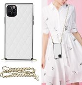 Elegant Rhombic Pattern Microfiber Leather + TPU Shockproof Case met Crossbody Strap Chain voor iPhone 11 Pro Max (wit)