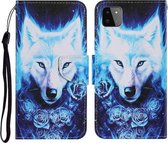 Voor Samsung Galaxy A22 5G Gekleurde Tekening Patroon Horizontale Flip PU Lederen Case met Houder & Kaartsleuven & Portemonnee & Lanyard (Rose Wolf)