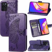 Voor OPPO A94 4G/F19 Pro/Reno5 Lite Vlinder Liefde Bloemen Reliëf Horizontale Flip Lederen Case met Houder & Kaartsleuven & Portemonnee & Lanyard (Donkerpaars)