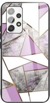 Voor Samsung Galaxy A32 5G Abstract Marble Pattern Glass beschermhoes (Rhombus Grey Purple)