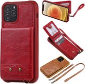 Verticale flip-portemonnee schokbestendige achterkant beschermhoes met houder & kaartsleuven & lanyard & fotolijsten voor iPhone 12/12 Pro (rood)