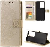 Voor Samsung Galaxy S21 Ultra 5G Totem Bloem Reliëf Horizontale Flip TPU + PU Lederen Case met Houder & Kaartsleuven & Portemonnee (Goud)