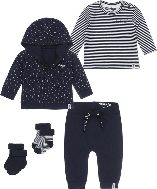 Dirkje Bio Basic SET(5delig) Vest ,broek, gestreept shirt en Noppies sokken - Maat 86