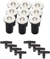 (Complete set) - 9 x LED grondspot Santana IP67 - 5 watt - 230v - Warmwit licht - & - 8 x Kabelverbinder T waterdicht | Tuinverlichting | Buiten spots | Buiten verlichting | LED tuinverlichti