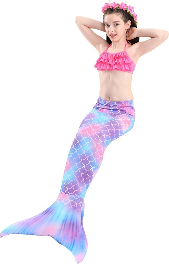 Zeemeermin jurk bikini set kostuum prinsessen jurk staart + bikini roze 104-110 (110) + roze krans Mermaid Prinsessenjurk meisje