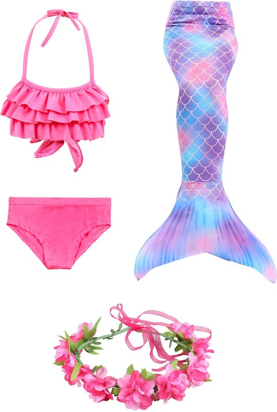 Zeemeerminnen jurk bikini set kostuum prinsessen jurk staart + bikini roze 128-134 (130) + roze krans Prinsessenjurk meisje