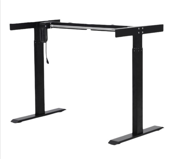 Zwart elektrisch zit-sta bureau frame met motor en bedieningskabel, vooraanzicht op witte achtergrond.