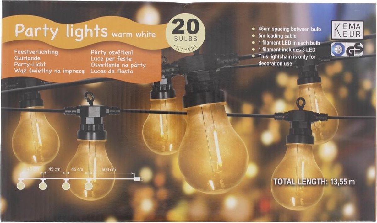 Feestverlichting - Partylights - filament - warm wit verlichting - 13.55  meter - 20 Led - | bol.com