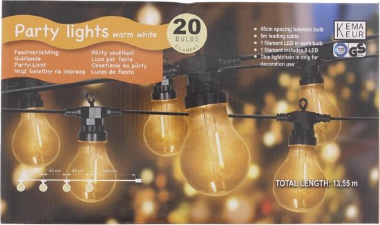 cijfer JEP Integratie Feestverlichting - Partylights - filament - warm wit verlichting - 13.55  meter - 20 Led - | bol.com
