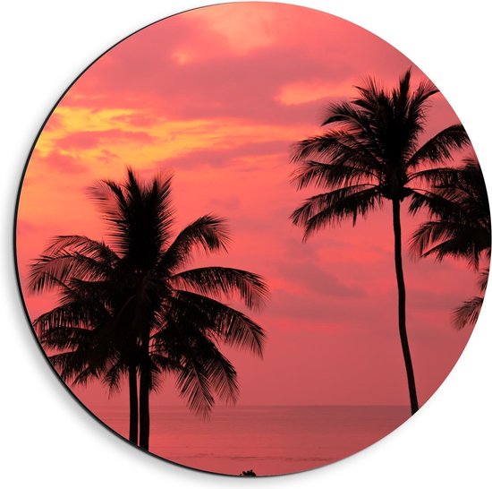 Dibond Wandcirkel - Silhouet van Palmbomen voor Roze Lucht - 40x40cm Foto op Aluminium Wandcirkel (met ophangsysteem)