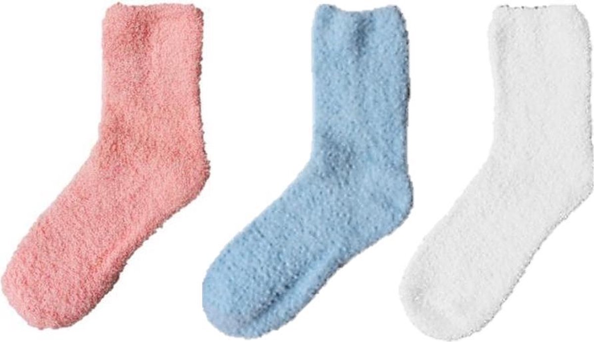 Binkie Huissokken Box | 3 paar Slofsokken |Fluffy Socks Roze Wit Blauw | Maat 37-42
