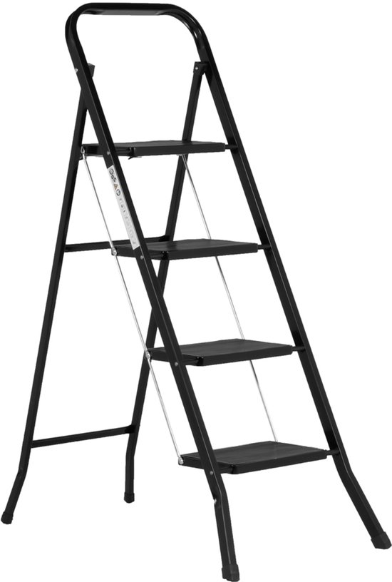 Huishoudtrap 4 Treden - Keukentrap Inklapbaar - Zwart - PP-Antislip - Max. Werkhoogte 93cm - Goets
