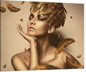 Vrouw met de Gouden veren - Foto op Canvas - 100 x 75 cm