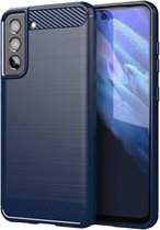 Geborsteld TPU Hoesje Geschikt voor Samsung Galaxy S21 FE | Beschermhoes | Back Cover | Flexibel TPU | Stijlvol Carbon | Dun | Blauw