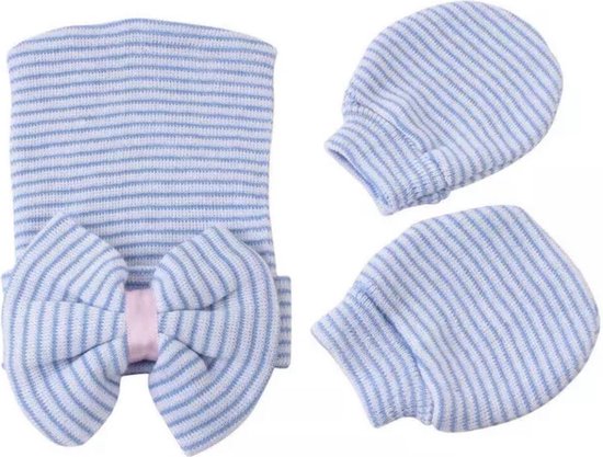 Bonnet nouveau-né bleu clair avec moufles anti-rayures