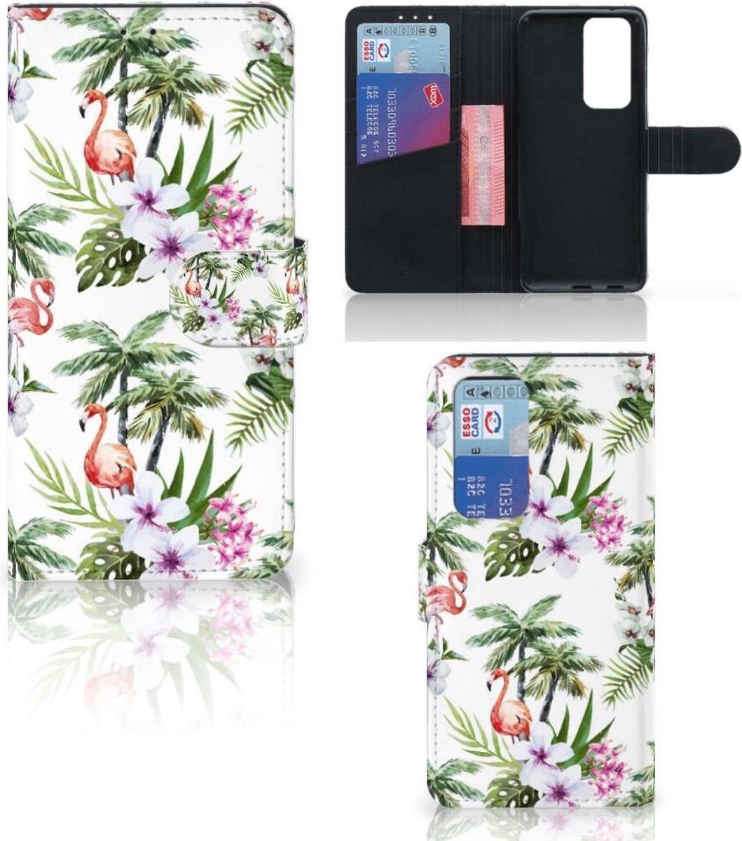 OPPO Find X3 Neo 5G Telefoonhoesje met Pasjes Flamingo Palms