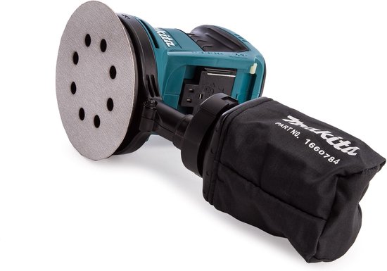 Turquoise Makita schuurmachine met schuurplaat en stofzak.