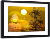 Foto in frame , Boeddha bij zonsondergang , 120x80cm , Geel oranje , Premium print