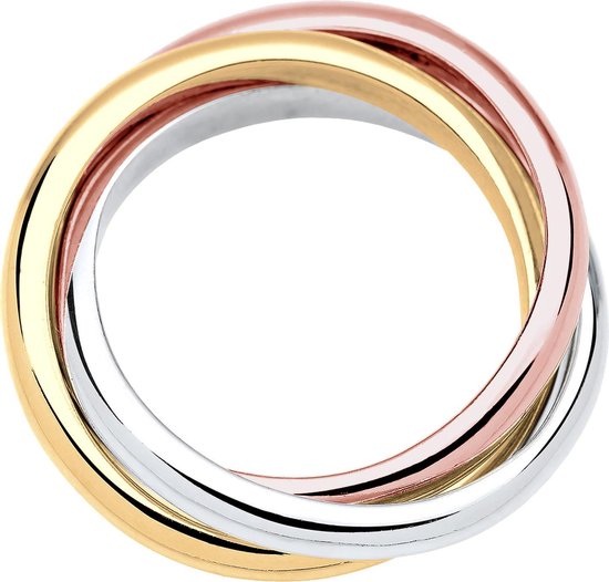 Twee dri COLORS ringen van zilver, goud en roségoud, in elkaar gedraaid.