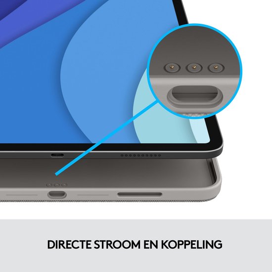 Een iPad Pro met toetsenbordhoes, met een detail van de magnetische Smart Connector voor stroom en koppeling.