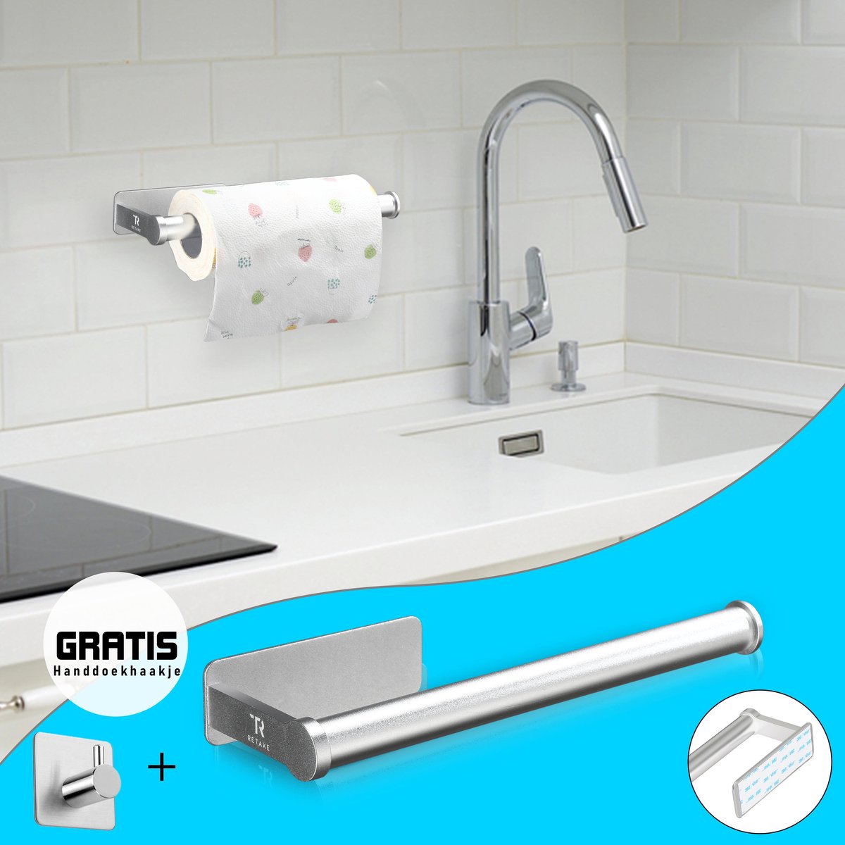 Keukenrolhouder | Zilver | Zelfklevend | Rollenhouder | Hangend | Aluminium + Gratis Handdoekhaakje