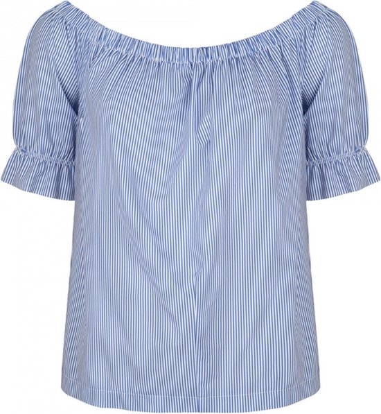 Blauw-witte gestreepte off-shoulder top met korte pofmouwen.