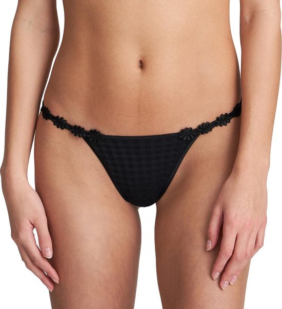 Zwarte string met een geblokt patroon en bloemenbandje