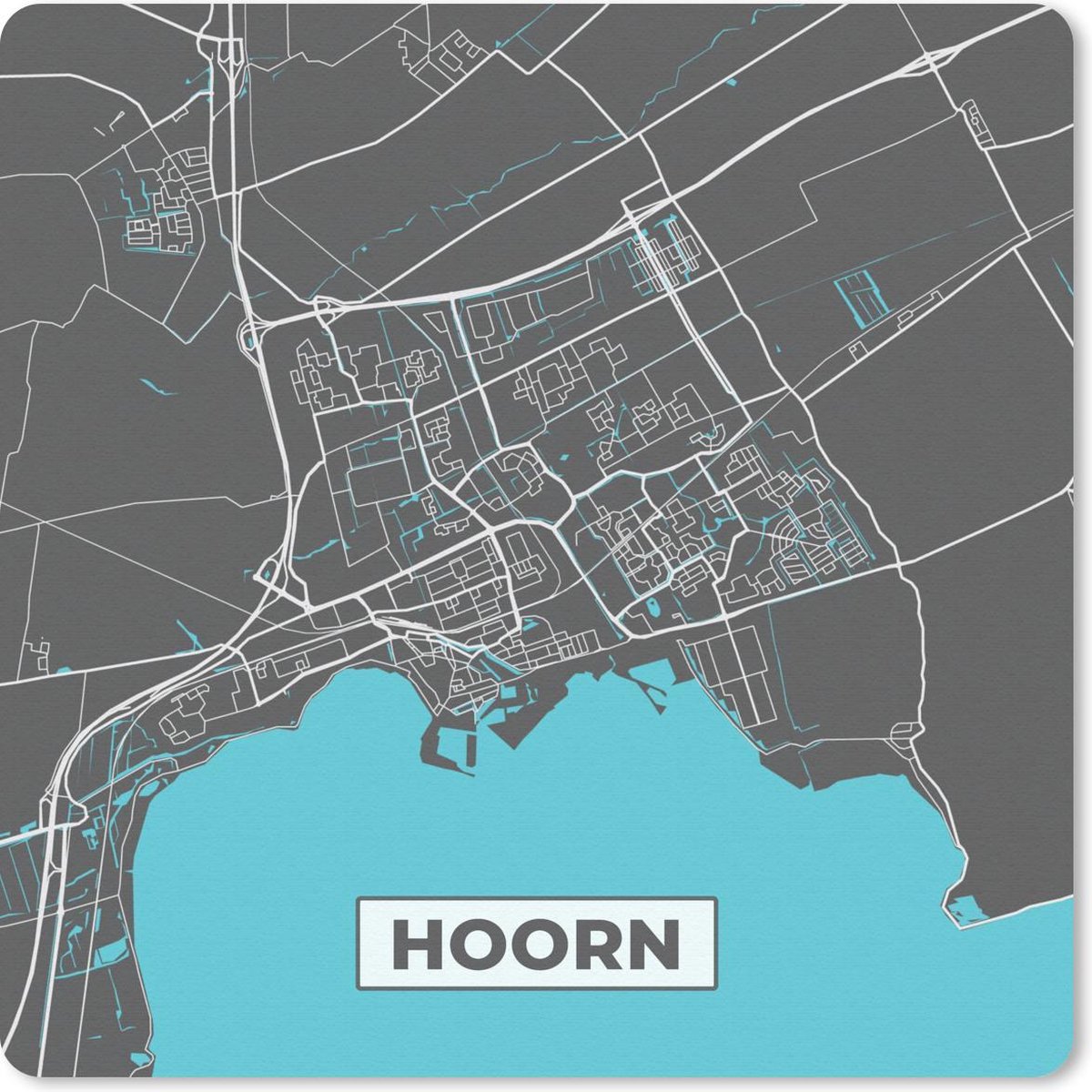 Muismat 20x20 cm - Mousepad Plattegrond - Hoorn - Grijs - Blauw - Muismatten - Stadskaart