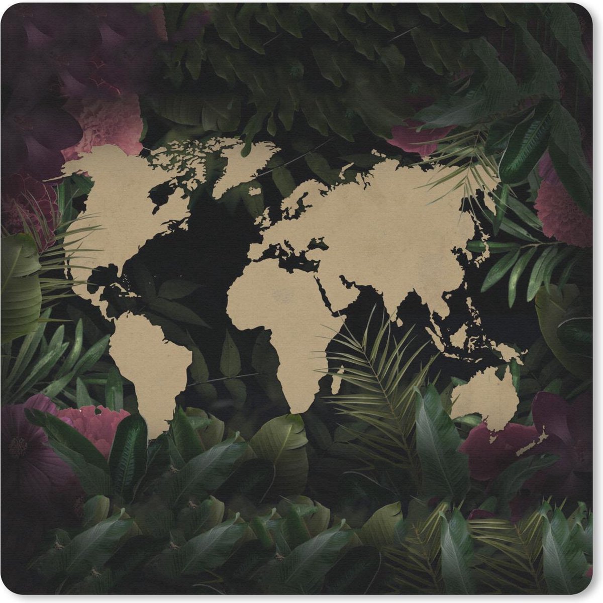 Muismat 30x30 cm - Mousepad Wereldkaart - Bruin - Bladeren - Muismatten