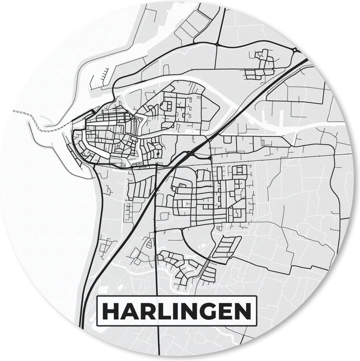 Muismat rond 30x30 cm - Mousepad Stadskaart - Harlingen - Grijs - Wit - Ronde muismatten