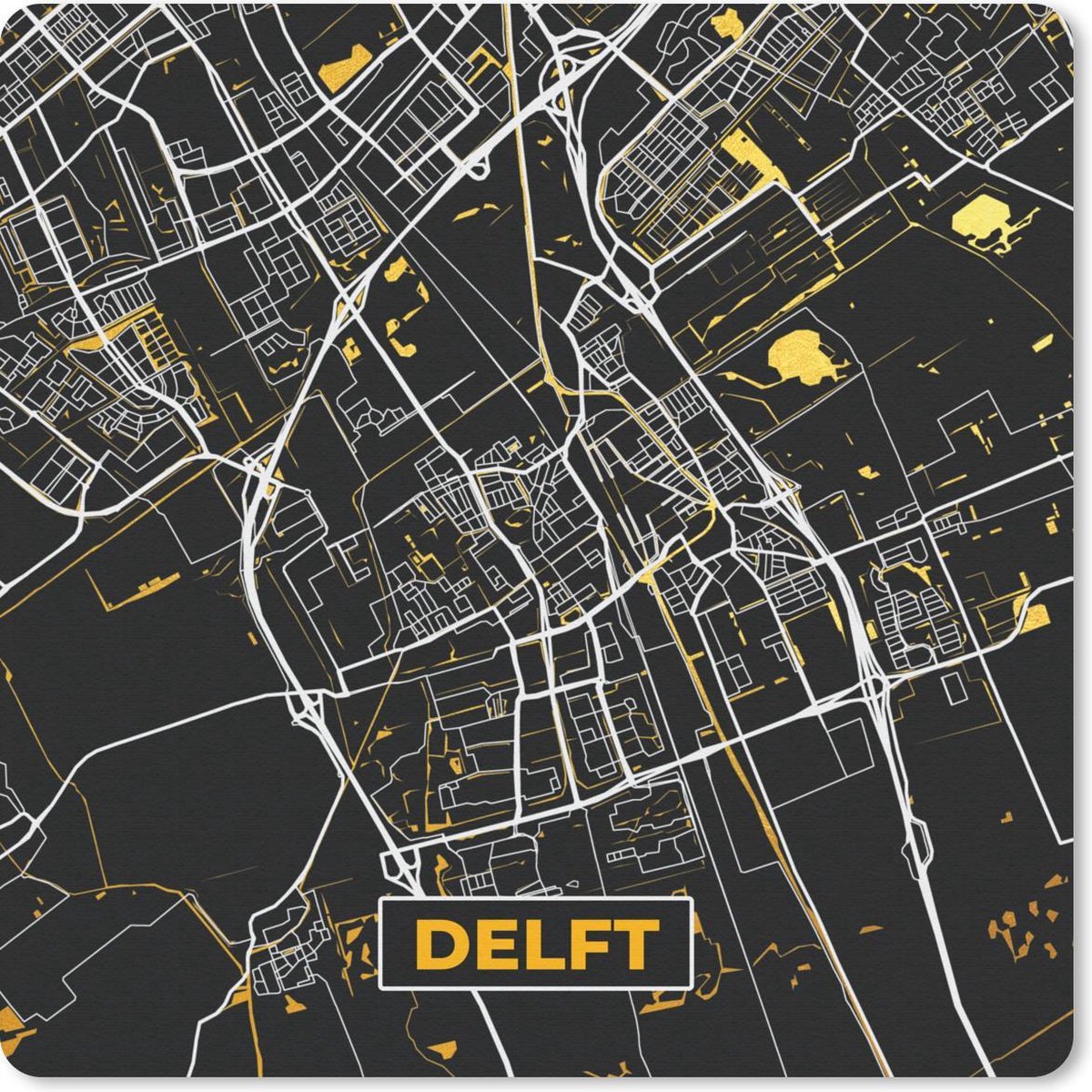 Muismat 20x20 cm - Mousepad Plattegrond - Delft - Goud - Zwart - Muismatten - Stadskaart