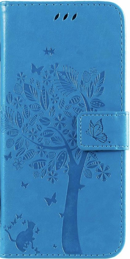 Étui de téléphone bleu avec fonction portefeuille, imprimé d'un arbre, de fleurs, de papillons et d'un chat.
